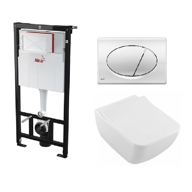 Инсталляция Alcaplast с безободковым унитазом Villeroy&Boch Venticello 4611 R0R1, сиденье микролифт клавиша хром, комплект