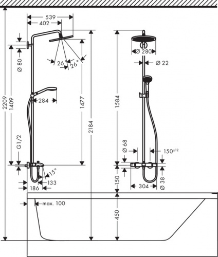 26792000 Croma Select 280 Air 1jet Showerpipe для ванны с термостатом