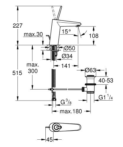 Смеситель Grohe Eurodisk Joystick, M-Size 23427 LS0, для раковины со сливным гарнитуром