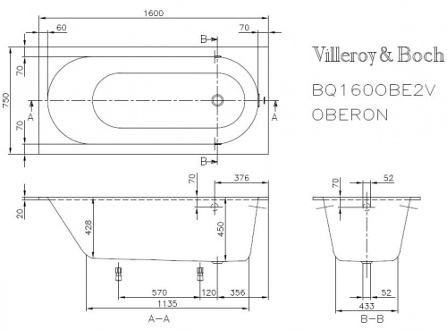 Ванна Villeroy&Boch Oberon UBQ160OBE2V-01, 160x75 см, Quaryl®, alpin без отверстия и перелива