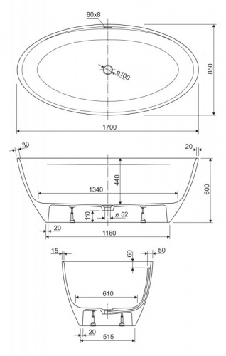 Ванна из литьевого мрамора CEZARES, TITAN-OVAL-170-85-57, цвет: белый