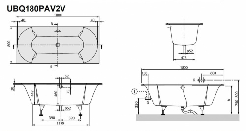 Ванна Villeroy&Boch Pavia UBQ180PAV2V-01, 180 x 80 см, Quaryl®, alpin