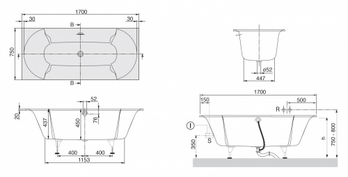 Ванна Villeroy&Boch Pavia UBQ170PAV2V-01, 170x75 см, Quaryl®, alpin