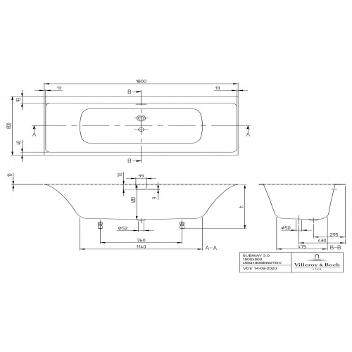Ванна Villeroy & Boch Subway 3.0 180x80 см квариловая UBQ180SBW2TDV-01