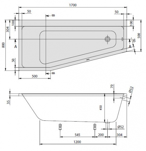 Ванна Villeroy&Boch Subway UBA178SUB3LIV-01, 170*80/50*h45 см