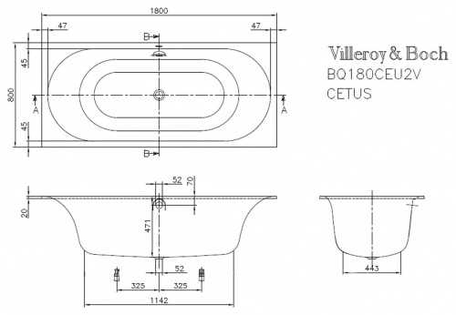 Ванна квариловая Villeroy&Boch CETUS UBQ180CEU2V-01, 180x80 см, alpin