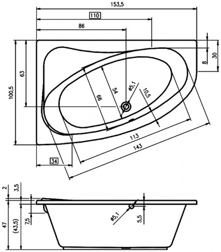 Ванна акриловая Riho Lyra 153x100 см, левая