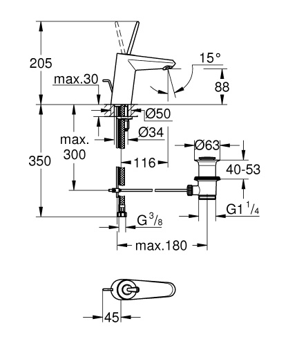 Смеситель Grohe Eurodisk Joystick, S-Size 23425 000, для раковины со сливным гарнитуром