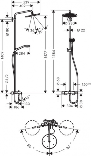 26792000 Croma Select 280 Air 1jet Showerpipe для ванны с термостатом