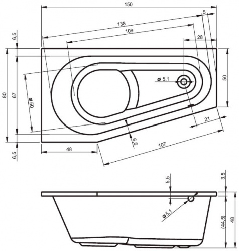 Гидромассажная ванна Riho Delta 150 x 80 см, PRO 7, левая
