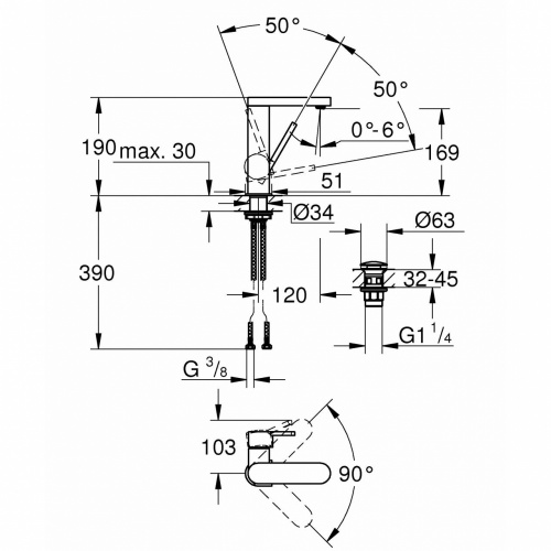 Смеситель однорычажный Grohe Plus 23872003 для раковины, с нажимным сливным гарнитуром