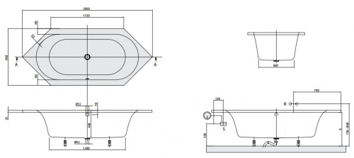 Акриловая ванна Villeroy&Boch Loop&Friends 205 x 90 UBA205LFO6V-01, внутри овал