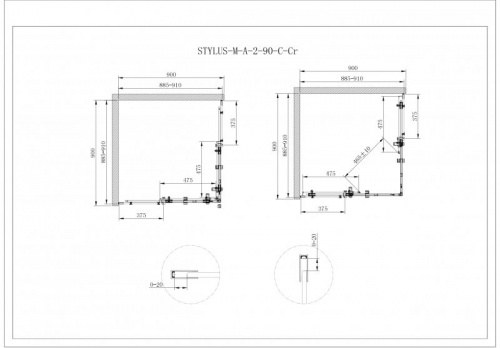 Душевой уголок CEZARES STYLUS-O-M-A-2 условн. размеры,мм:900x900x1950 габариты с диап. рег., мм:(885-910)-(885-910)x1950 шир. входа, мм:465