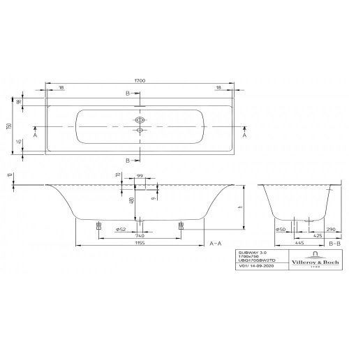 Ванна Villeroy & Boch Subway 3.0 170x75 см квариловая UBQ170SBW2TDV-01