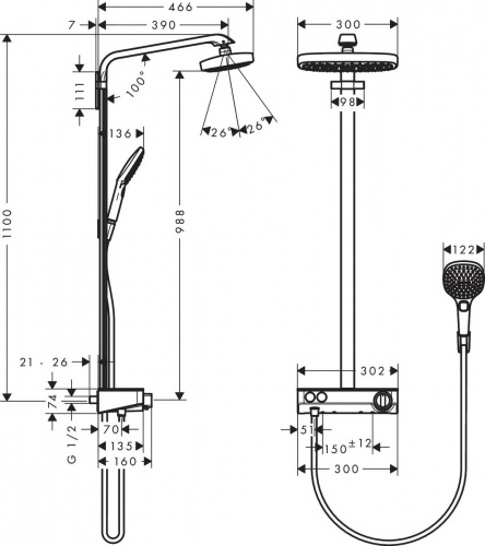 Hansgrohe 27126400 Raindance Select E 300 2jet Showerpipe, 1/2, белый/хром