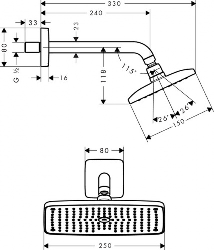 27370000 Raindance Верхний душ Raindance E 240 AIR 1jet, держатель 223 мм, ½’