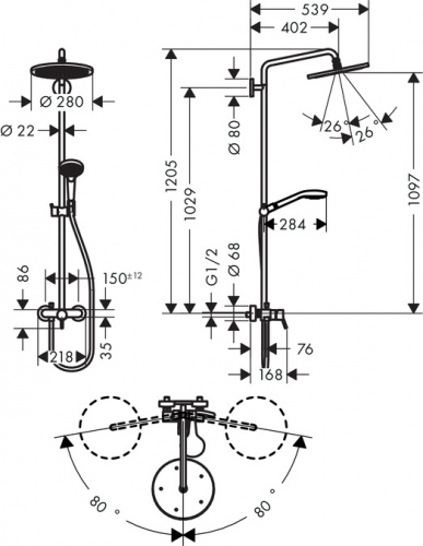 26791000 Croma Select 280 Air 1jet Showerpipe с однорычажным смесителем