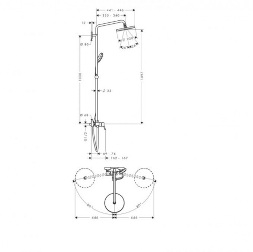 27222000 Croma 220 Showerpipe с однорычажным смесителем, поворотный держатель 400 мм, ½’