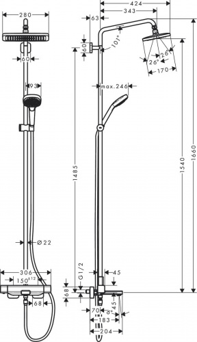 27687000 Croma E 280 1jet Душевая система Showerpipe для ванны, хром